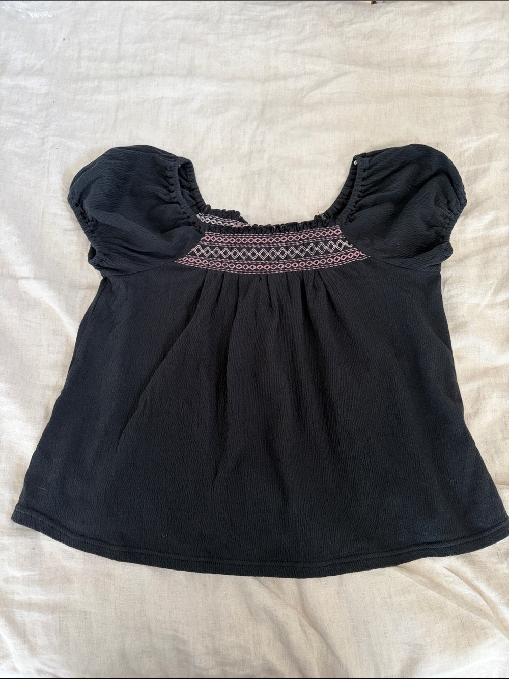 Madewell Black Puff-Sleeve Embroidered Yoke Top